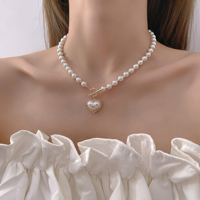 Elegant Heart Shape Imitation Pearl Alloy Necklace with Clasp Chain