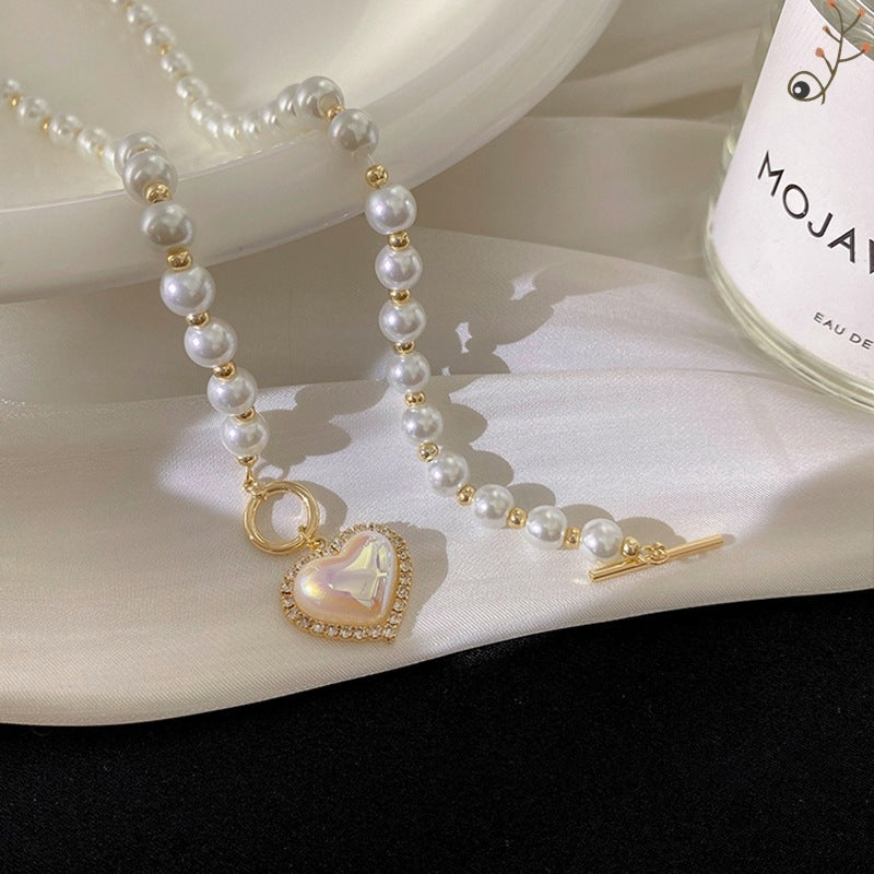 Elegant Heart Shape Imitation Pearl Alloy Necklace with Clasp Chain