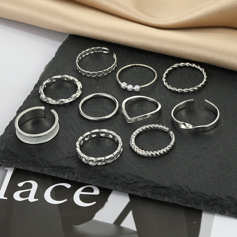 Elegant Geometric Silver Plated Open Rings Set with Twisted Metal and Pearl Accents