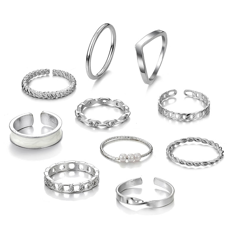 Elegant Geometric Silver Plated Open Rings Set with Twisted Metal and Pearl Accents