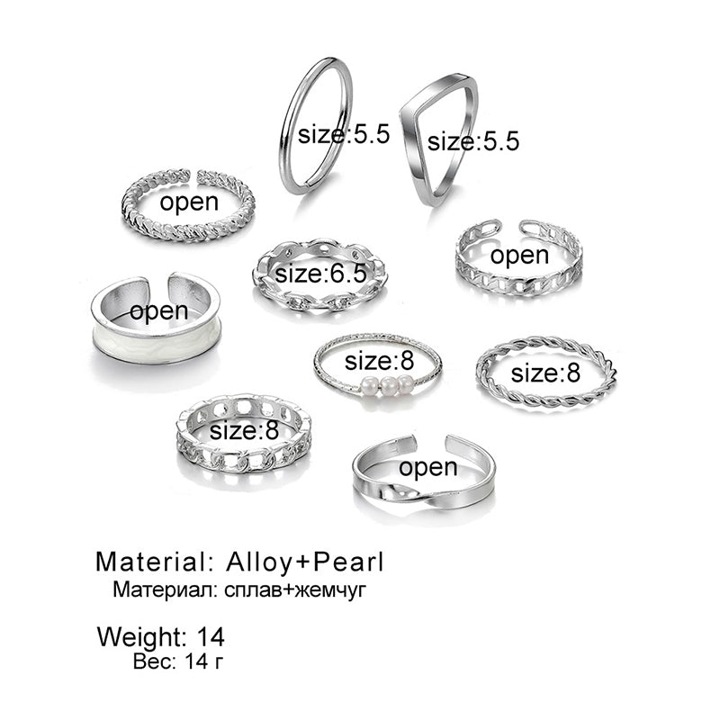 Elegant Geometric Silver Plated Open Rings Set with Twisted Metal and Pearl Accents