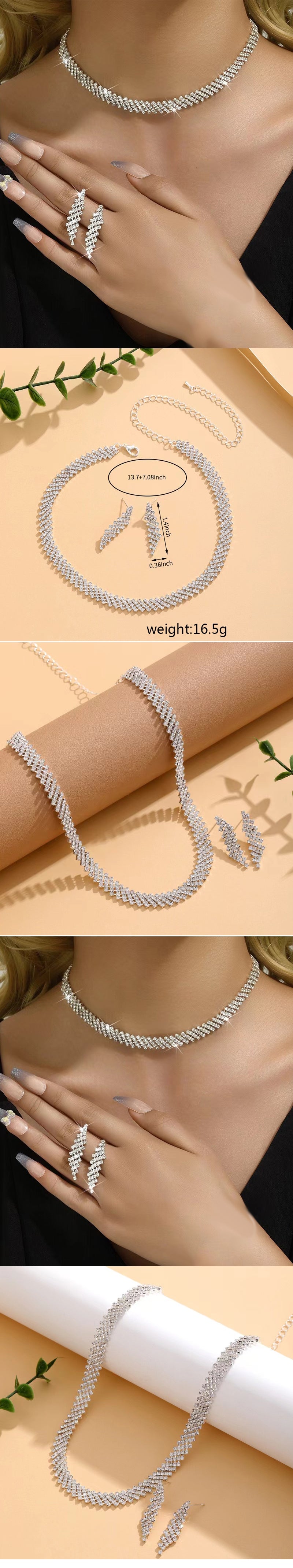 Elegant Bridal Geometric Rhinestone Jewelry Set - Necklace and Earrings