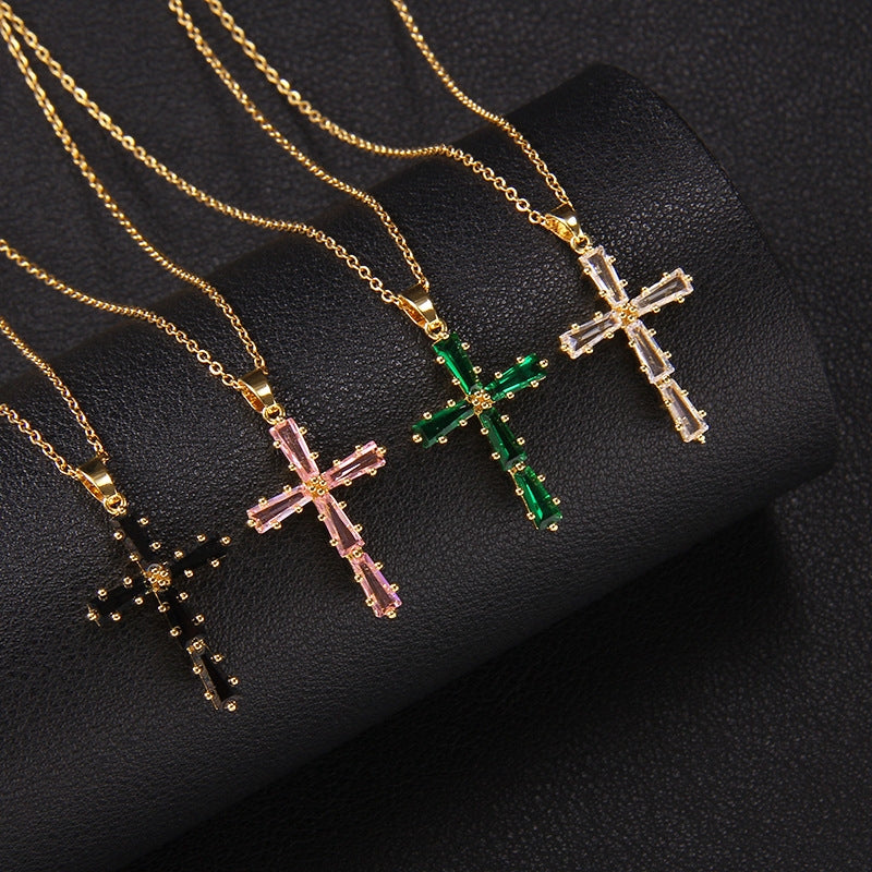 Elegant Multicolor Zircon Cross Pendant Necklace