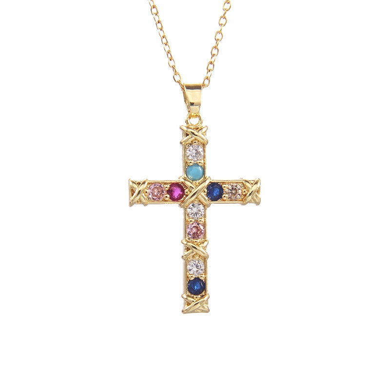 Elegant Multicolor Zircon Cross Pendant Necklace