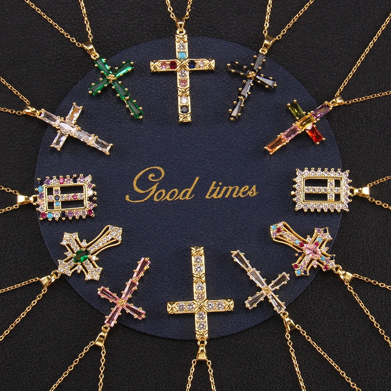 Elegant Multicolor Zircon Cross Pendant Necklace