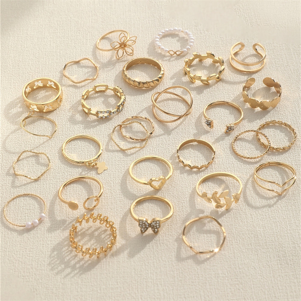 Elegant Heart Butterfly Zircon Gold Ring Set - 27 Piece Floral Leaf Design