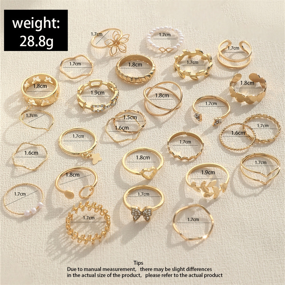 Elegant Heart Butterfly Zircon Gold Ring Set - 27 Piece Floral Leaf Design