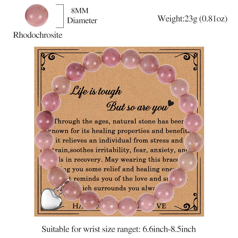 Elegant Heart Shape Natural Stone Pink Crystal Bracelet with Peach Heart Pendant for Women