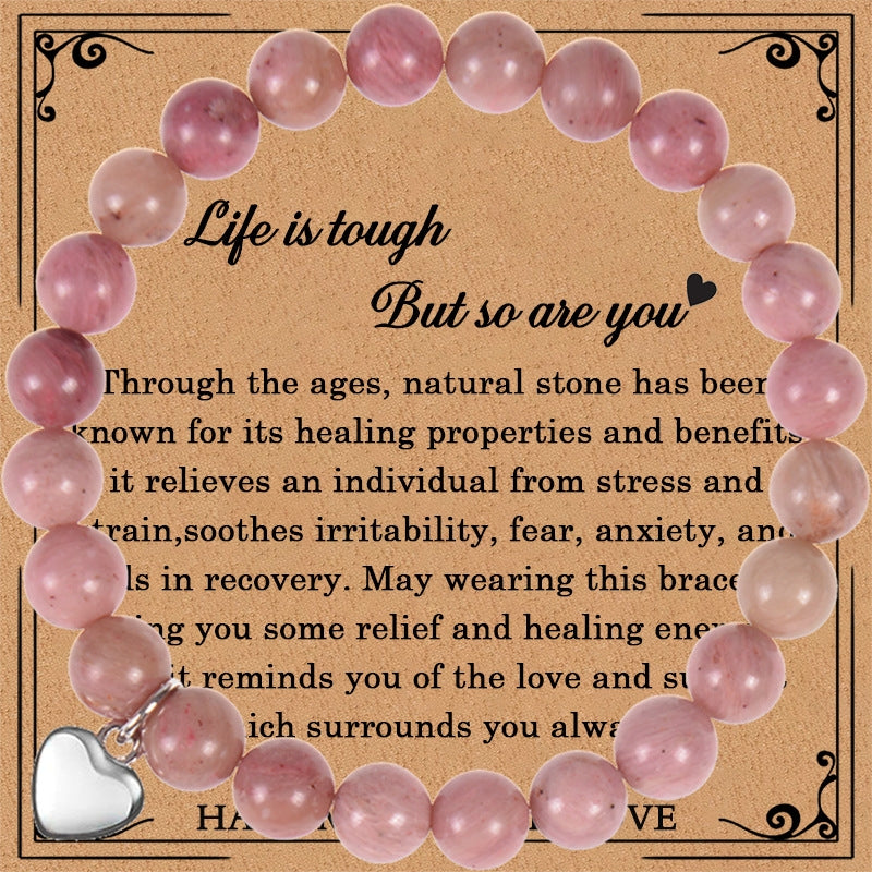 Elegant Heart Shape Natural Stone Pink Crystal Bracelet with Peach Heart Pendant for Women