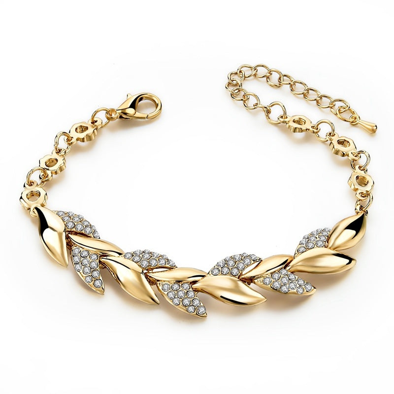 Elegant Leaf Zircon Inlay Adjustable Gold Bracelet for Women