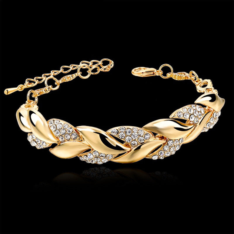 Elegant Leaf Zircon Inlay Adjustable Gold Bracelet for Women