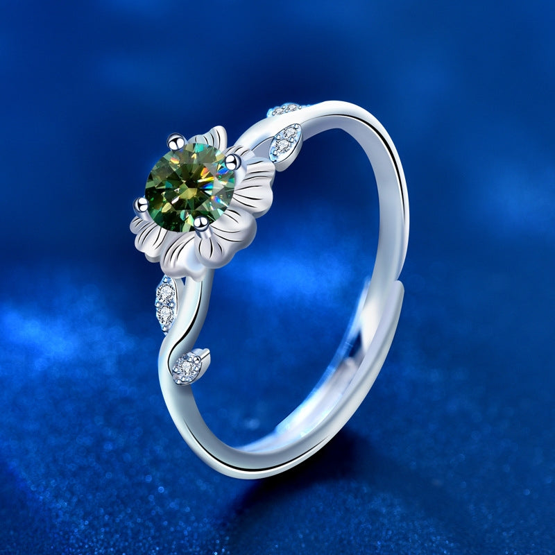 Elegant Sunflower Moissanite Sterling Silver Open Ring