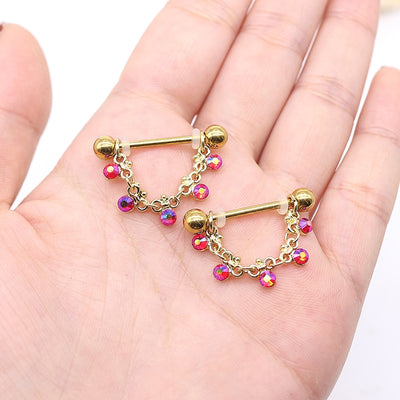 Elegant Geometric Gold Plated Nipple Ring with Red Floral Glass Rhinestones