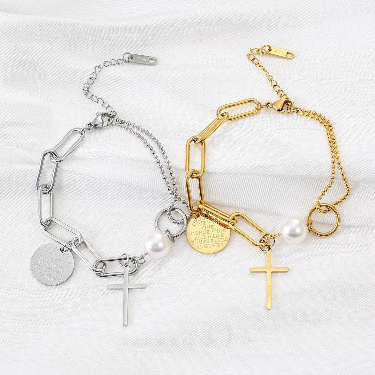 Elegant Streetwear Cross Stainless Steel Pearl Chain Bracelet