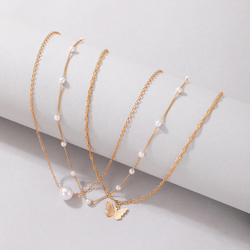 Elegant Geometric Butterfly Pearl Multi-Layer Necklace