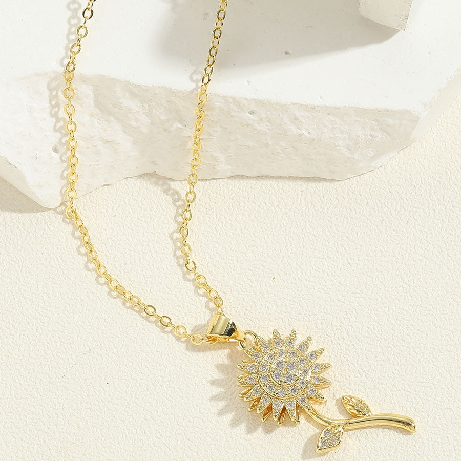 Elegant Sunflower Zircon Key Pendant Necklace 14k Gold Plated for Women