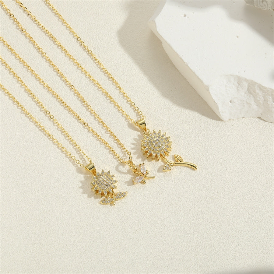 Elegant Sunflower Zircon Key Pendant Necklace 14k Gold Plated for Women