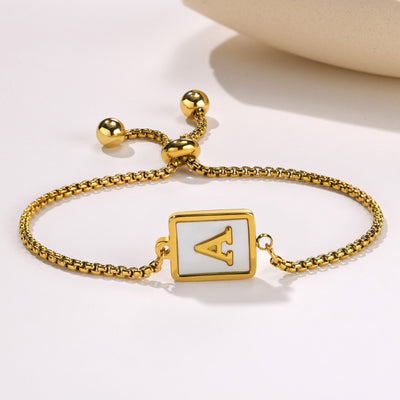 Elegant Stainless Steel English Letter Shell Bracelet - Adjustable Gold Square Design for Women