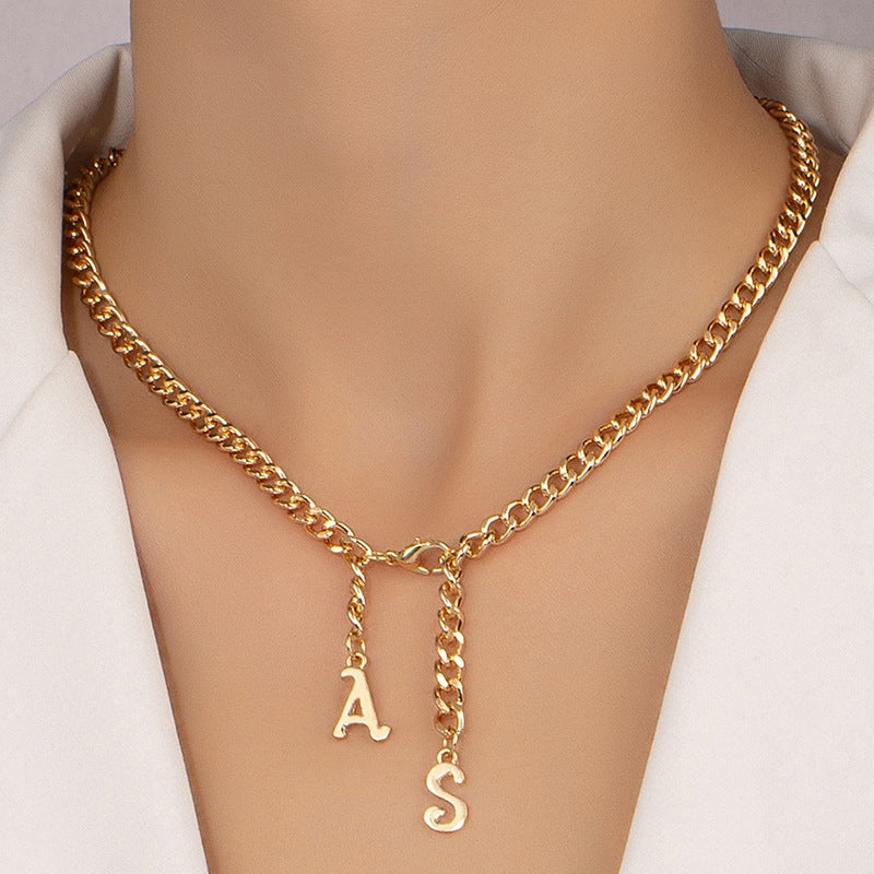 Elegant Letter Alloy Pendant Necklace with Lobster Clasp Cuban Chain