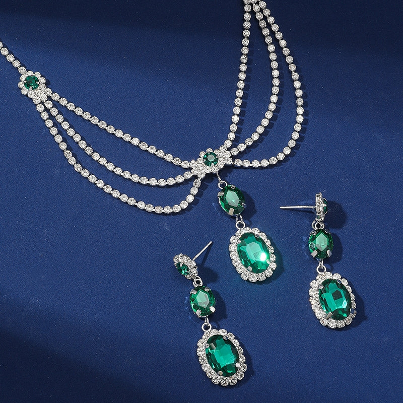 Elegant Luxurious Silver Plated Rhinestone Jewelry Set with Emerald Zirconia Necklace and Earrings
