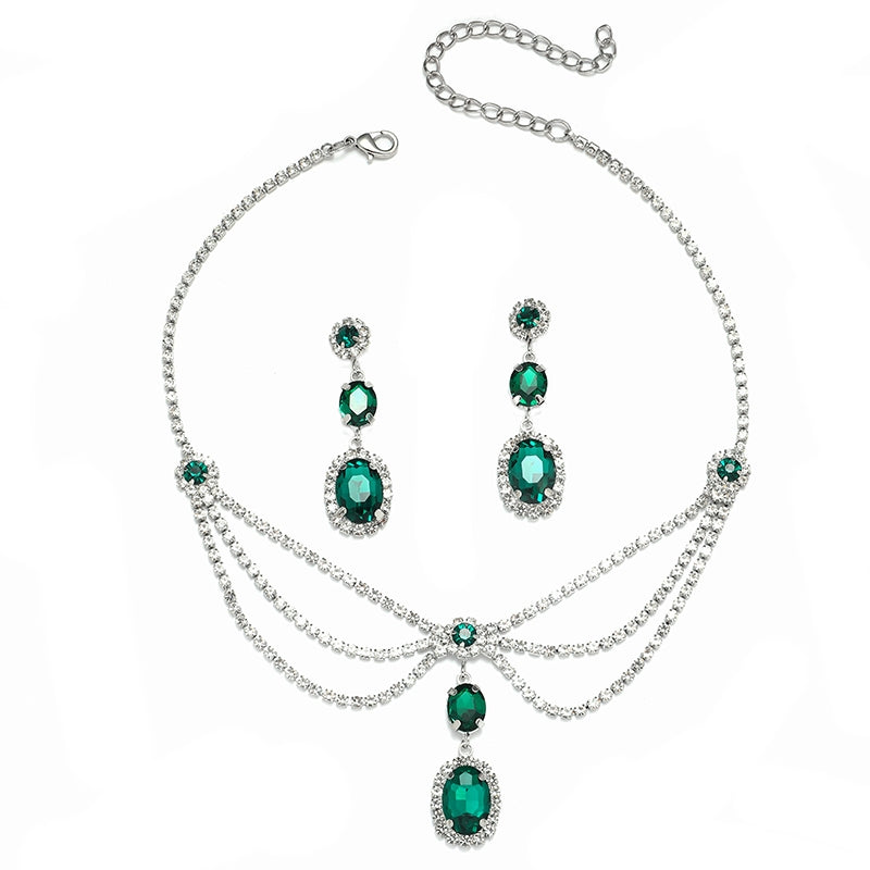 Elegant Luxurious Silver Plated Rhinestone Jewelry Set with Emerald Zirconia Necklace and Earrings