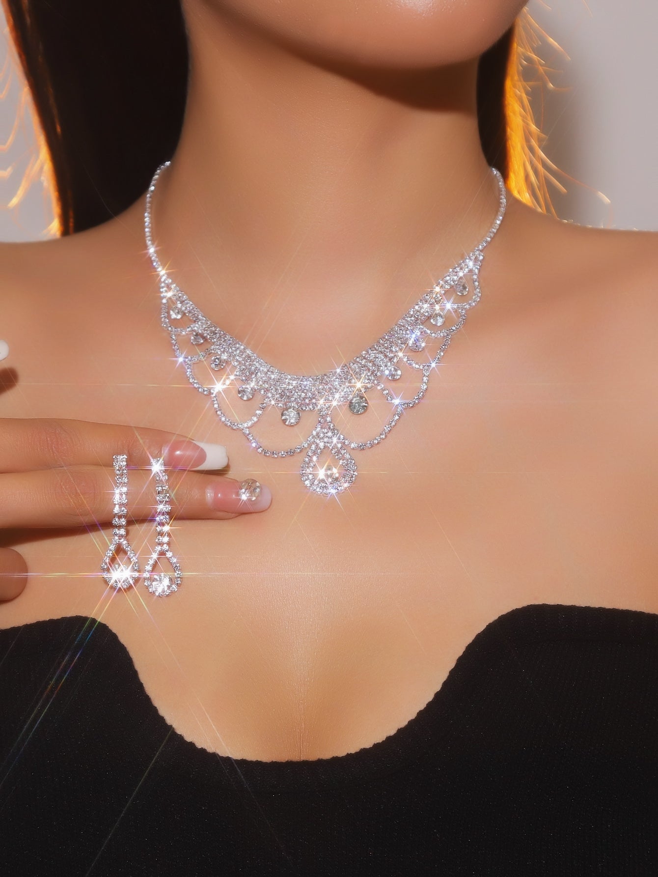 Elegant Rhinestone Floral Necklace and Earring Jewelry Set for Women