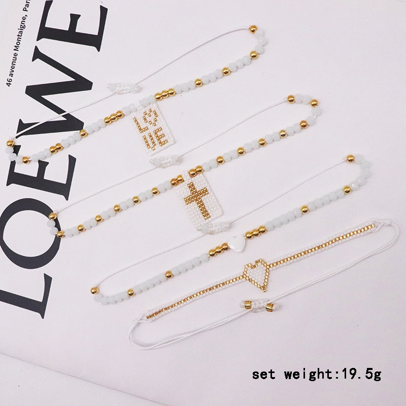 Elegant Luxurious Cross Love Charm Crystal Glass Knitted Women's Bracelet Set