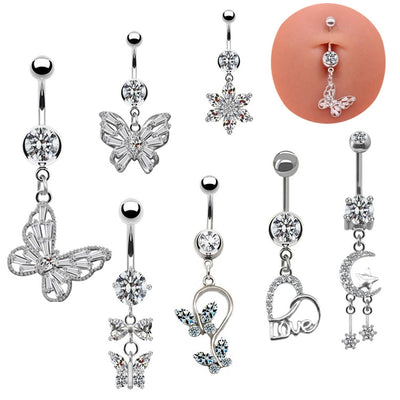 Elegant Butterfly Moon Zircon Belly Ring - Rose, White, Gold Plated Navel Jewelry