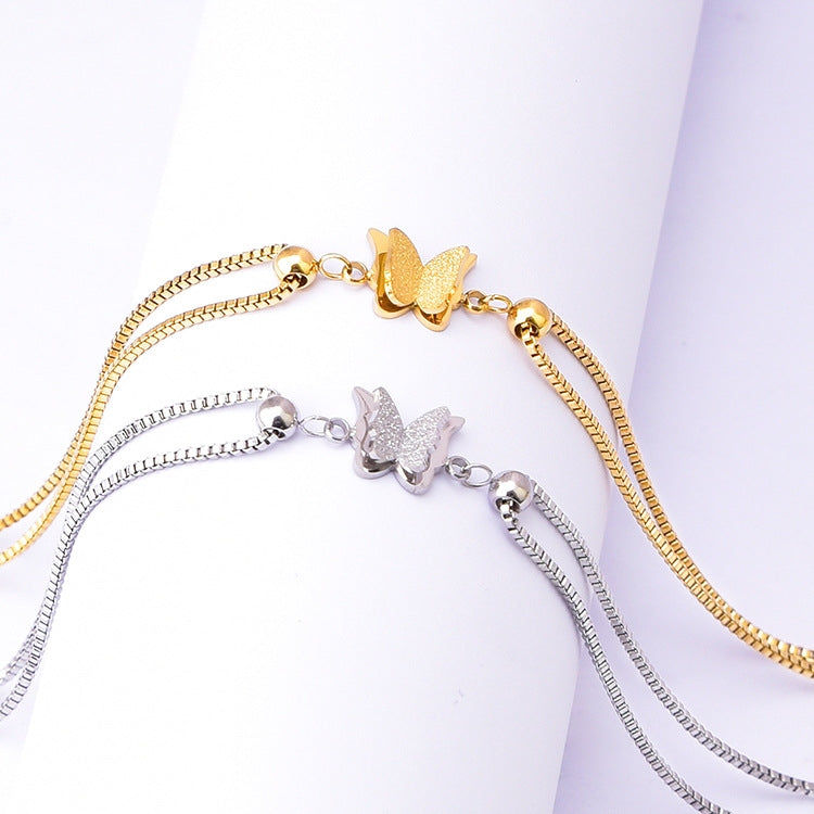 Elegant Double Layer Butterfly Titanium Steel Anklet with Rhinestones and 18K Gold Plating