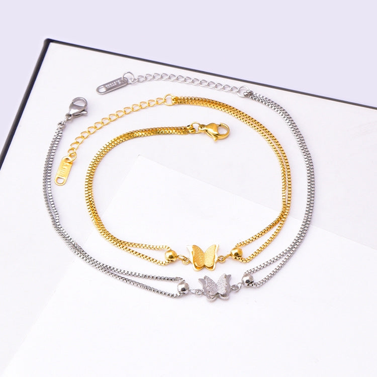 Elegant Double Layer Butterfly Titanium Steel Anklet with Rhinestones and 18K Gold Plating