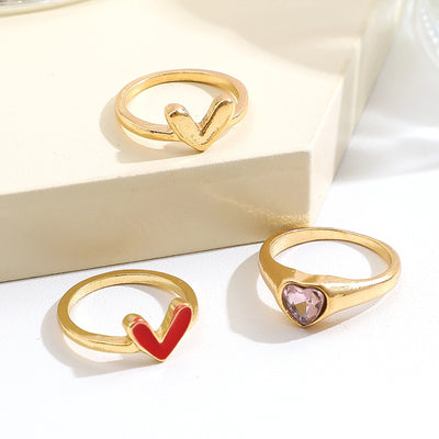 Elegant Heart Shape Zircon Inlay Gold Adjustable Women's Ring Set