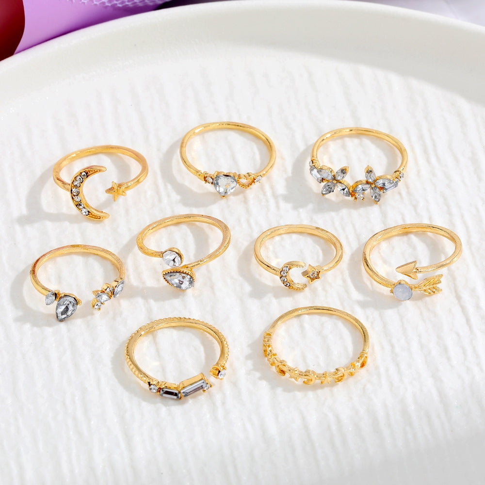 Elegant Moon and Heart Shape Alloy Rings Set with Inlaid Artificial Diamonds for Women