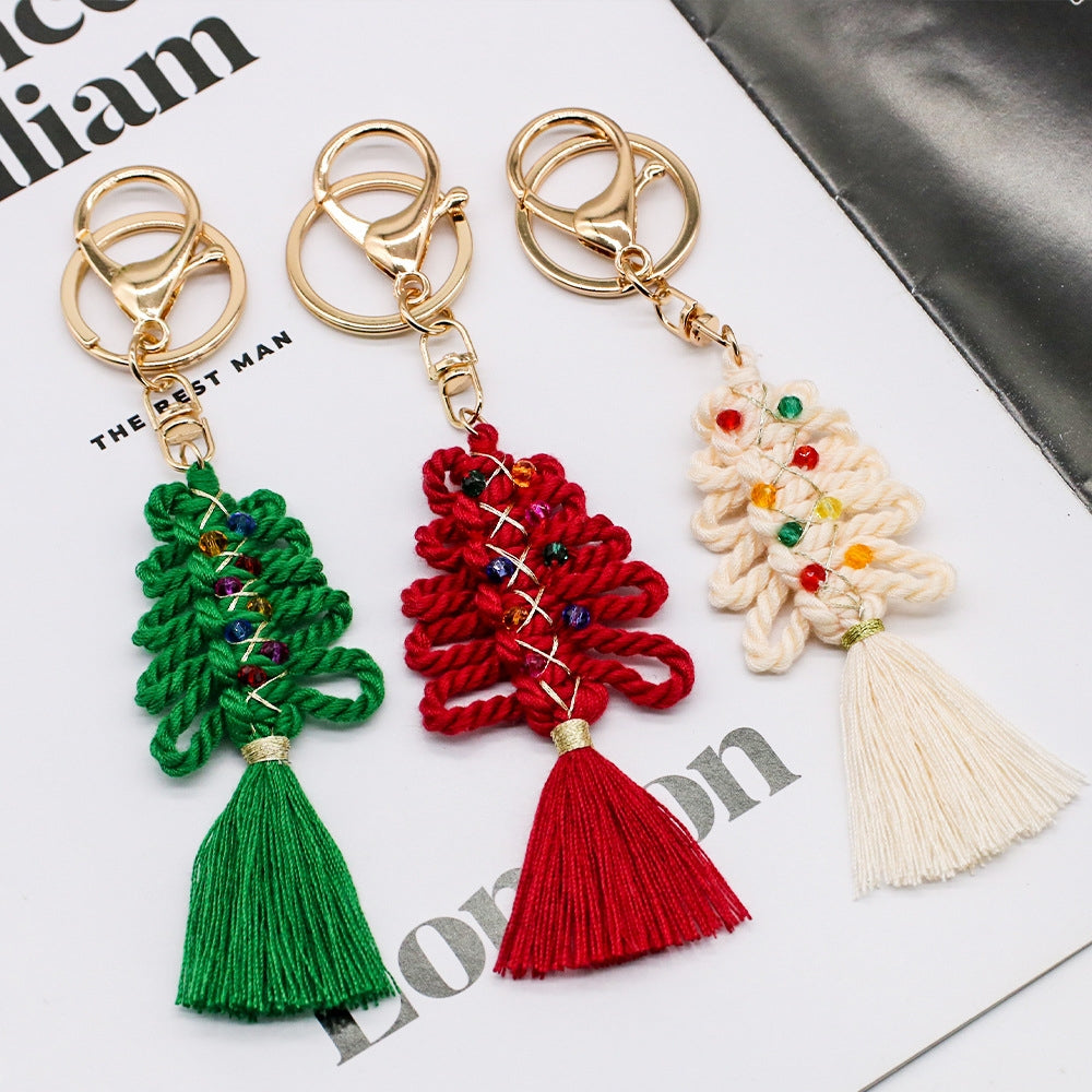 Elegant Retro Christmas Tree Cotton Keychain Pendant with Handmade Tassel Decor