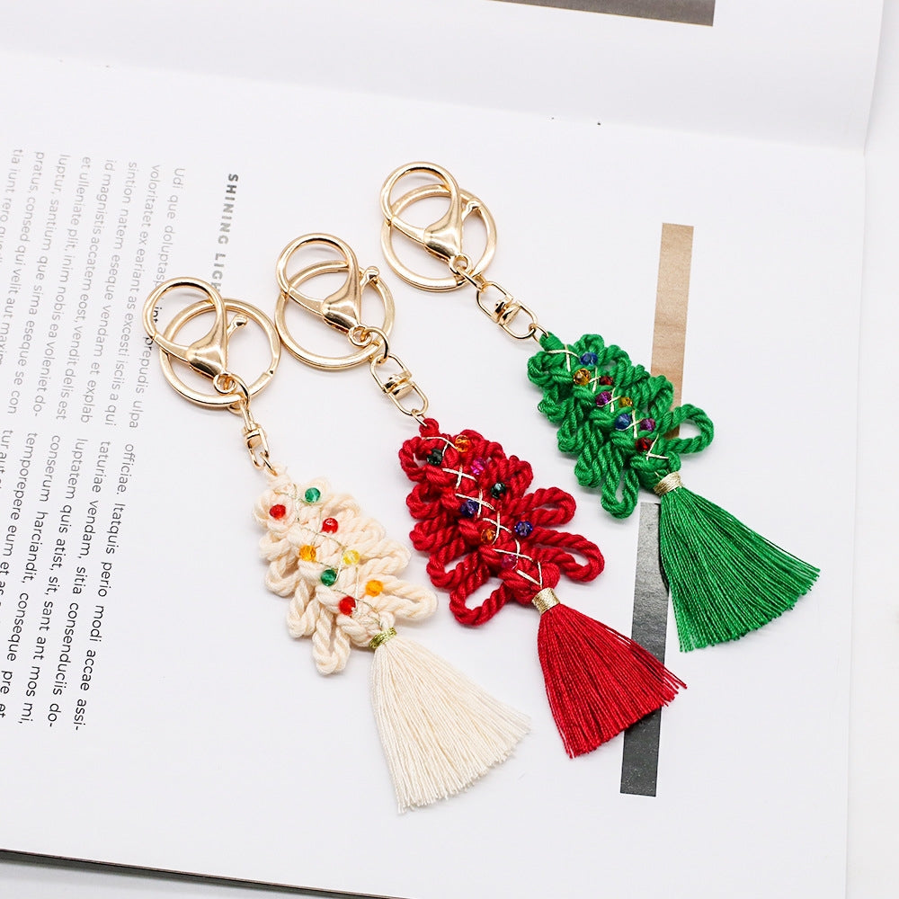 Elegant Retro Christmas Tree Cotton Keychain Pendant with Handmade Tassel Decor