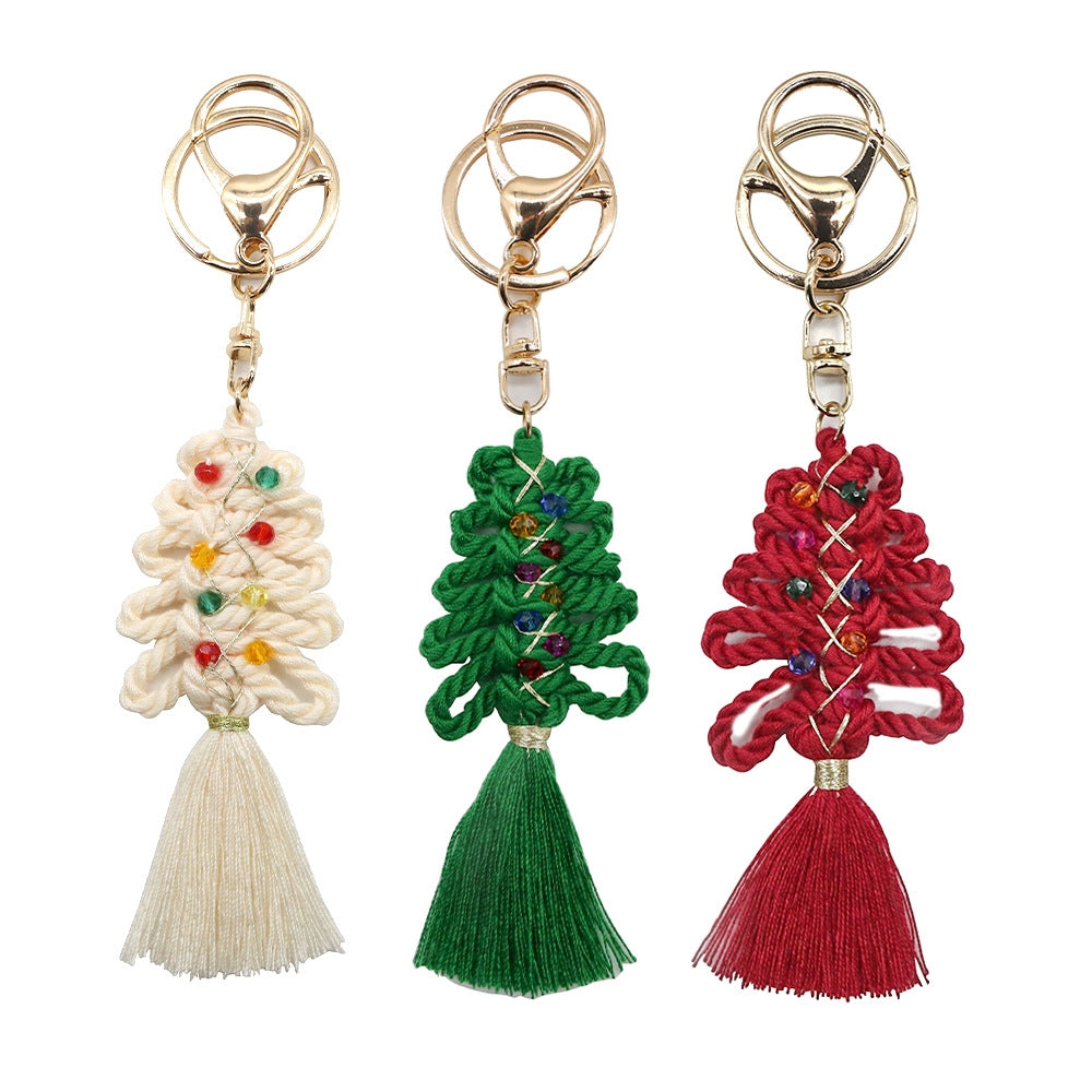 Elegant Retro Christmas Tree Cotton Keychain Pendant with Handmade Tassel Decor