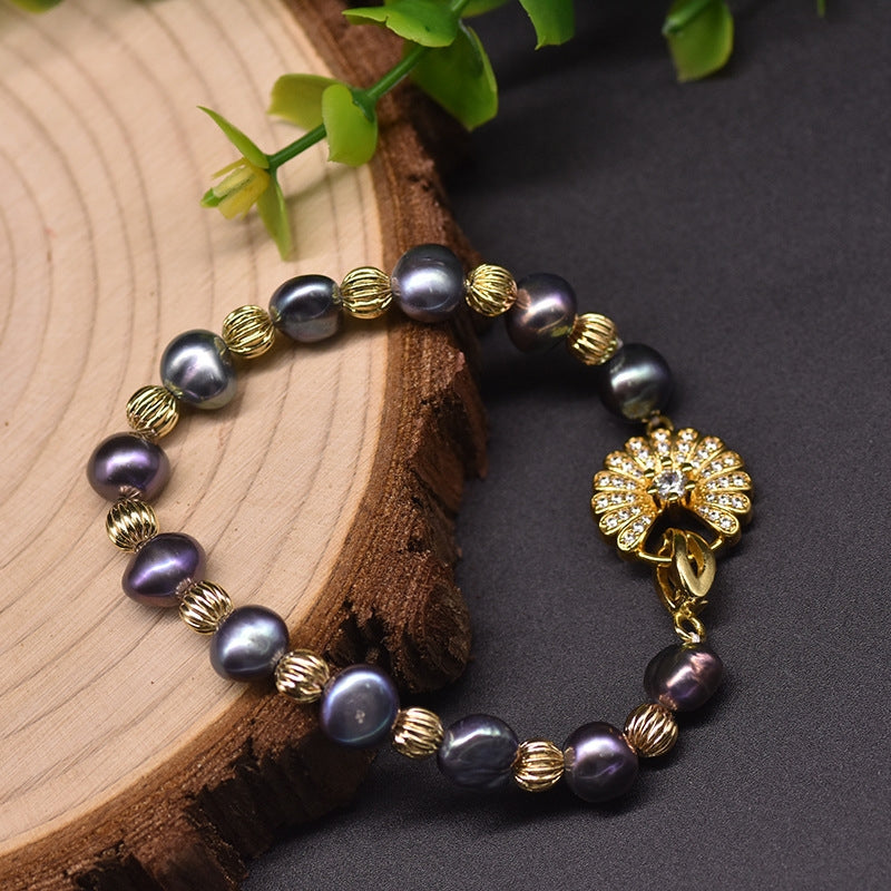 Elegant Retro Geometric Freshwater Pearl 18k Gold Plated Bracelet - Korean Style Handcrafted Purple Pearl Ornament