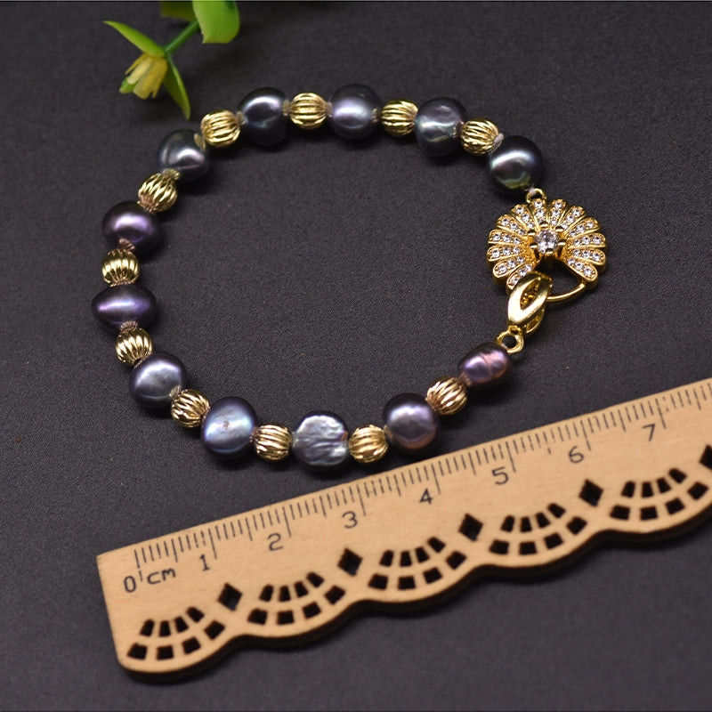 Elegant Retro Geometric Freshwater Pearl 18k Gold Plated Bracelet - Korean Style Handcrafted Purple Pearl Ornament