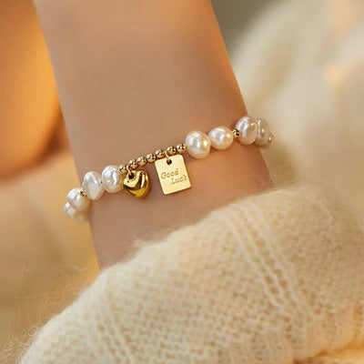 Elegant Retro Heart & Baroque Freshwater Pearl Bracelet Set