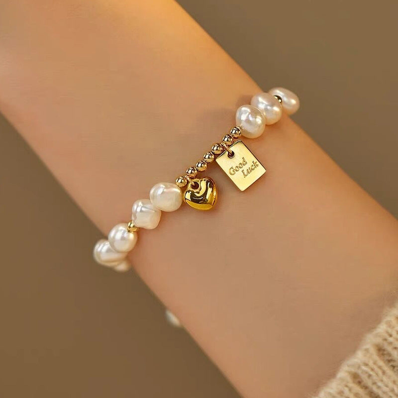 Elegant Retro Heart & Baroque Freshwater Pearl Bracelet Set