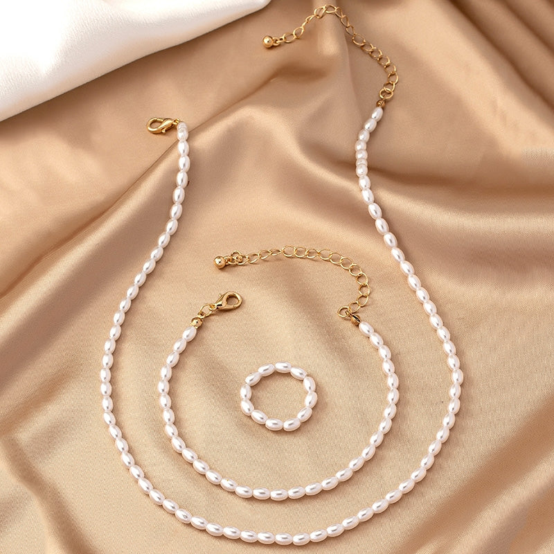 Elegant Retro Pearl Alloy Jewelry Set - Necklace, Bracelet, and Ring Collection