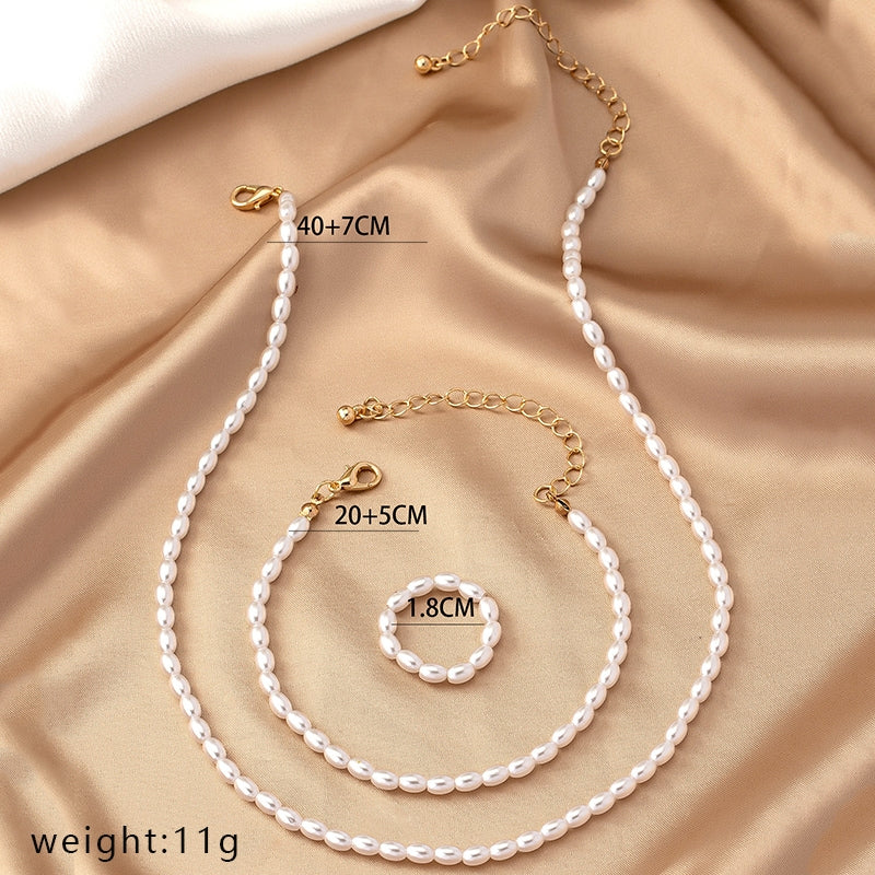 Elegant Retro Pearl Alloy Jewelry Set - Necklace, Bracelet, and Ring Collection