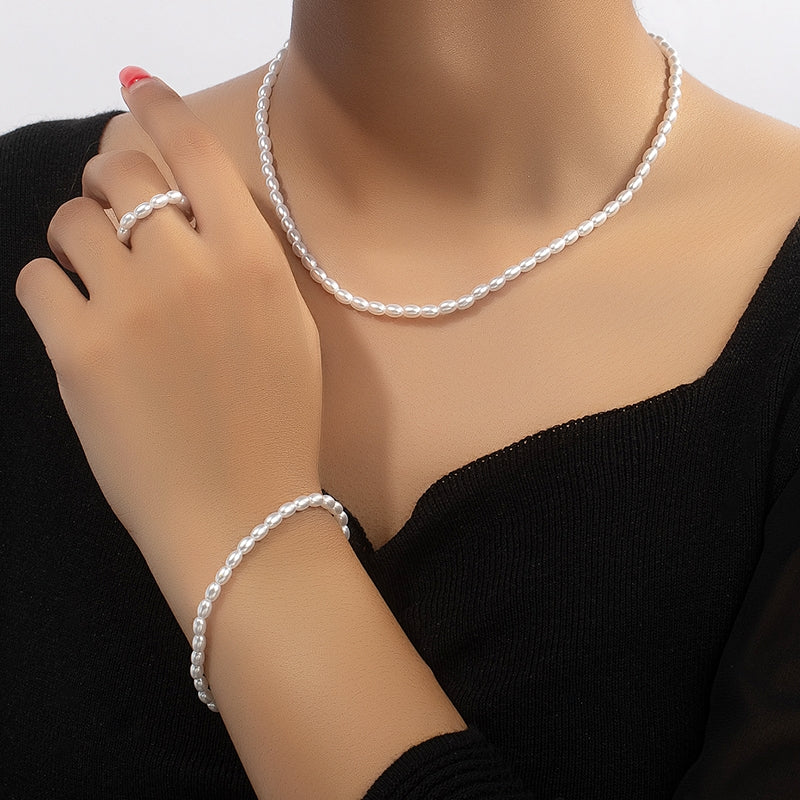 Elegant Retro Pearl Alloy Jewelry Set - Necklace, Bracelet, and Ring Collection