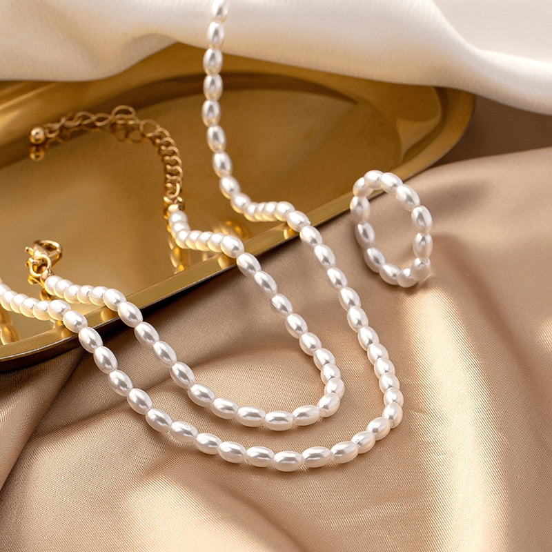 Elegant Retro Pearl Alloy Jewelry Set - Necklace, Bracelet, and Ring Collection