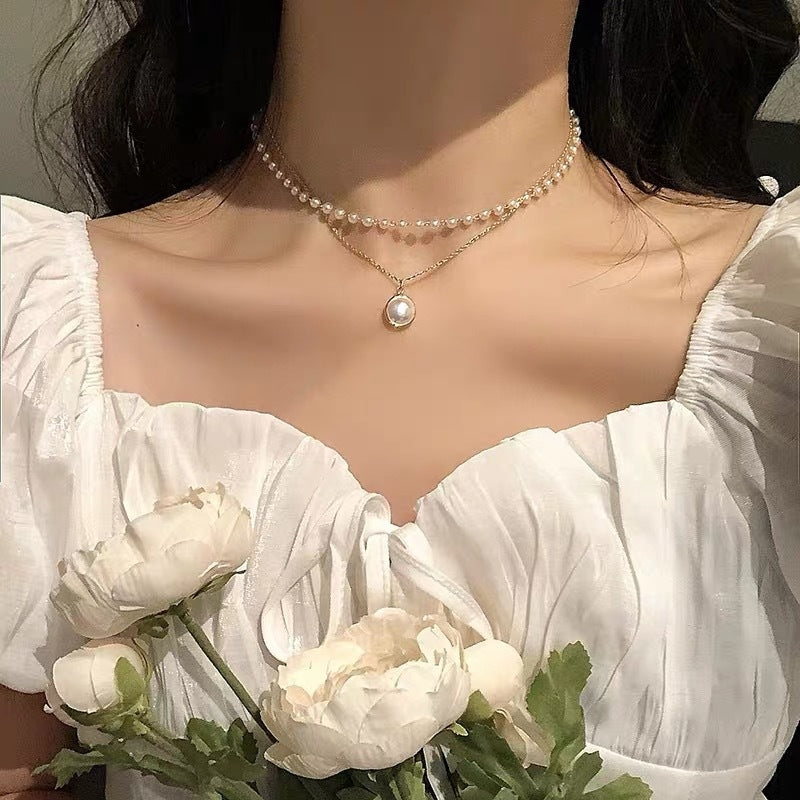 Elegant Retro Layered Pearl Pendant Choker Necklace for Women