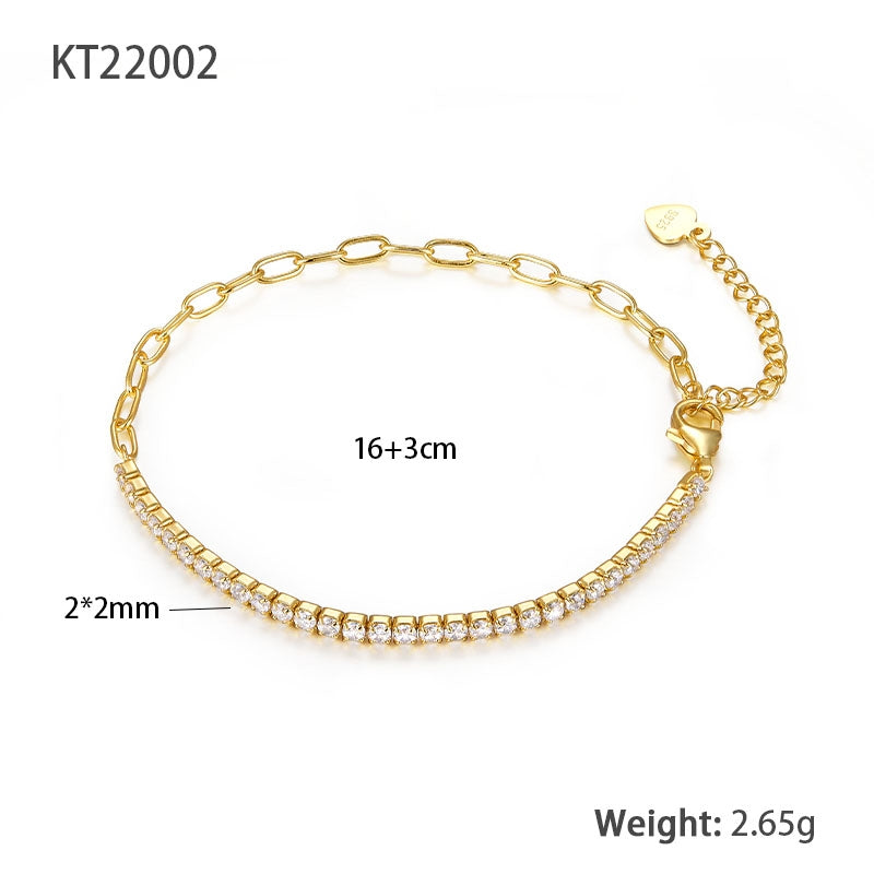 Elegant Square Zircon Inlay 18k Gold & White Gold Plated S925 Silver Bracelet for Women