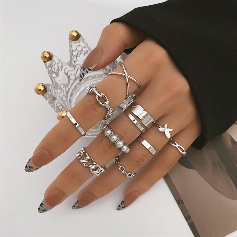 Elegant Geometric Alloy Hollow Out Pearl Butterfly Ring Set for Women