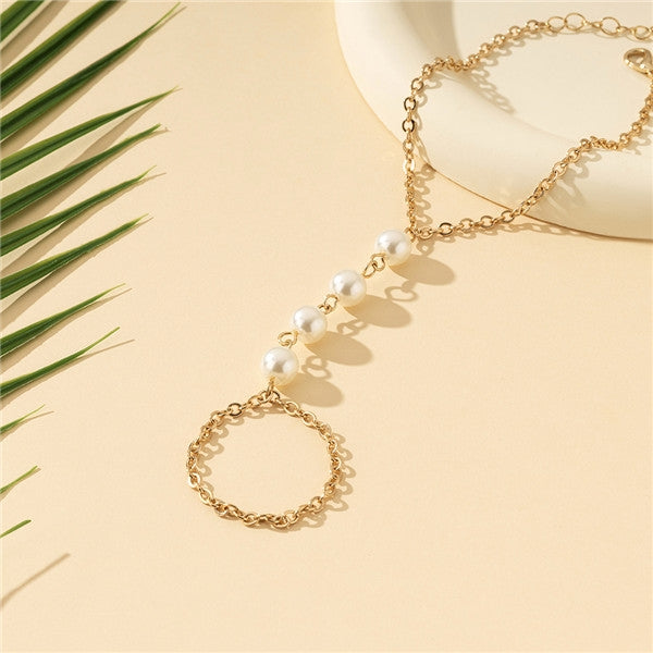 Elegant Geometric Acrylic Pearl Alloy Bracelet with Ring Set