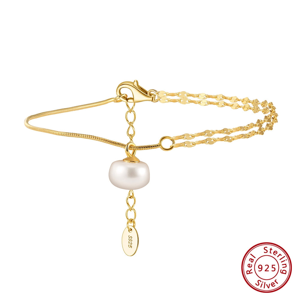 Elegant Geometric Freshwater Pearl 14k Gold Plated Sterling Silver Bracelet and Anklet Set