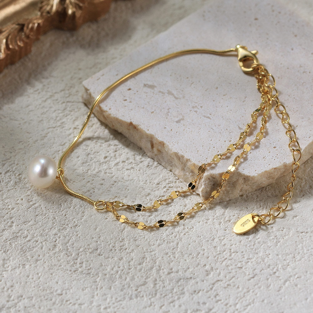 Elegant Geometric Freshwater Pearl 14k Gold Plated Sterling Silver Bracelet and Anklet Set