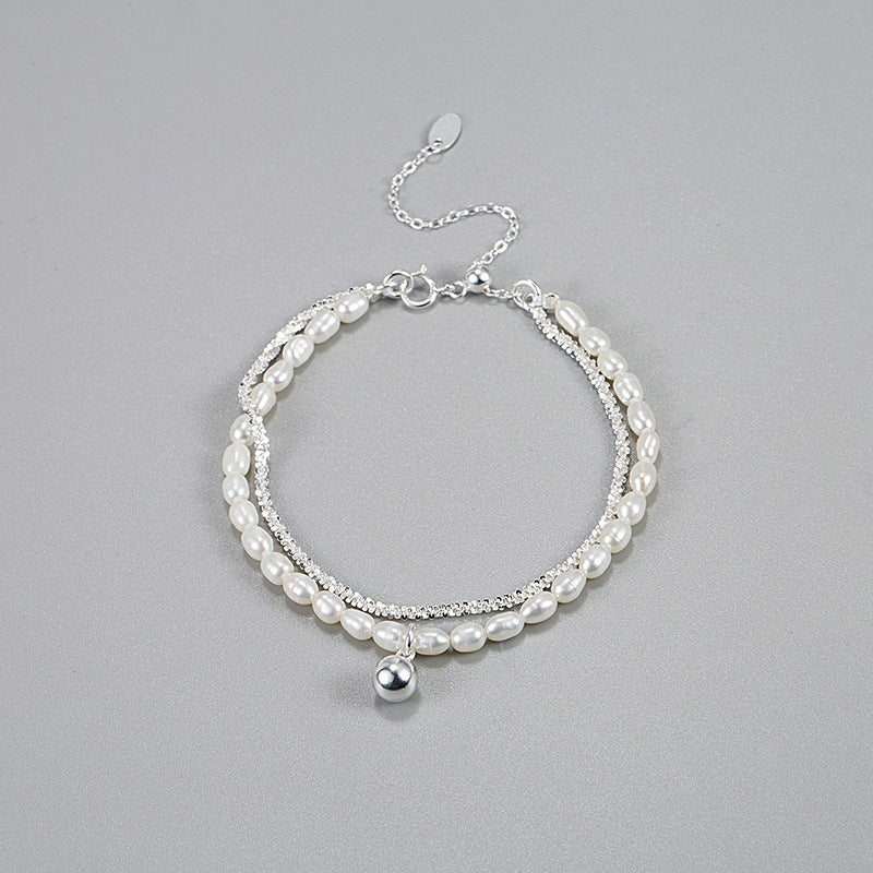 Elegant Geometric Freshwater Pearl Double Layer Sterling Silver Bracelet